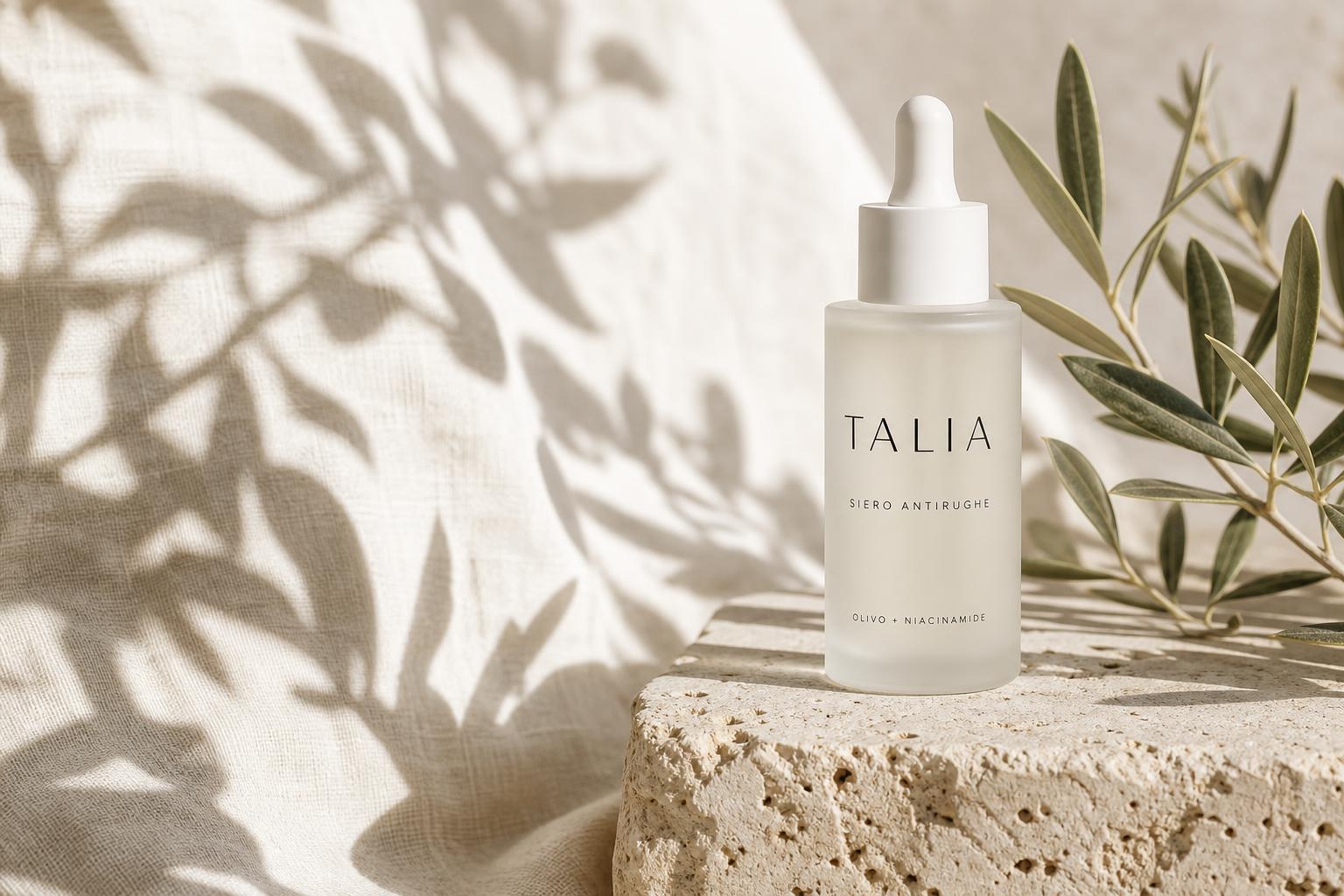 Composizione editoriale TALIA Cosmetics: flacone satinato, ramo d'ulivo e drappo su travertino